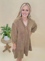 Tiered Brown Acid Wash Quarter Sleeve Dress