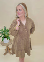 Tiered Brown Acid Wash Quarter Sleeve Dress