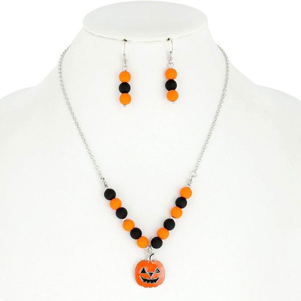 Jack-O-Lantern Beaded Necklace And Earring Set