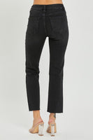 Black Mid Rise Raw Hem Straight Leg Risen Jeans