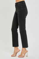 Black Mid Rise Raw Hem Straight Leg Risen Jeans